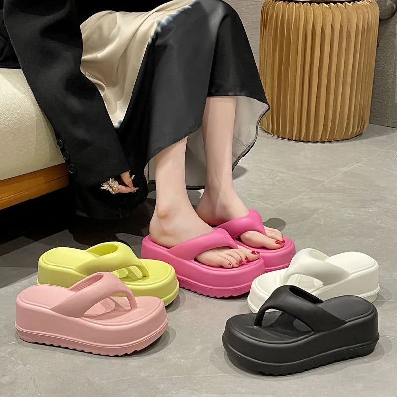 Women's Platform Flip Flops Outdoor Beach Flip Flops Fasciitis Arch Support Cloud Slippers Summer Chunky Heeled Slides